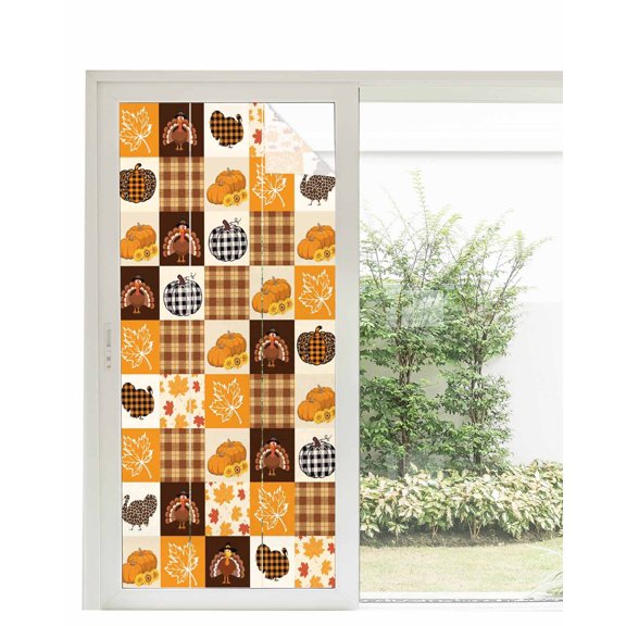 Window Privacy Film Orange Plaid Fall Stained Glass Window Film Decorative Sun Block Window Cover Thanksgiving Pumpkins Maple Leaf Turkey Window Clings Static Sticker for Bathroom 35.4"x78.7"
