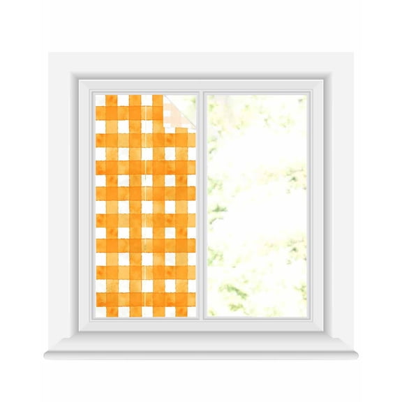 Window Privacy Film Orange Plaid Stained Glass Window Film Decorative Sun Block Window Cover Watercolor Grid Checker Gingham Farmhouse Window Clings Static Adhesive Sticker for Bathroom 17.7"x39.3"