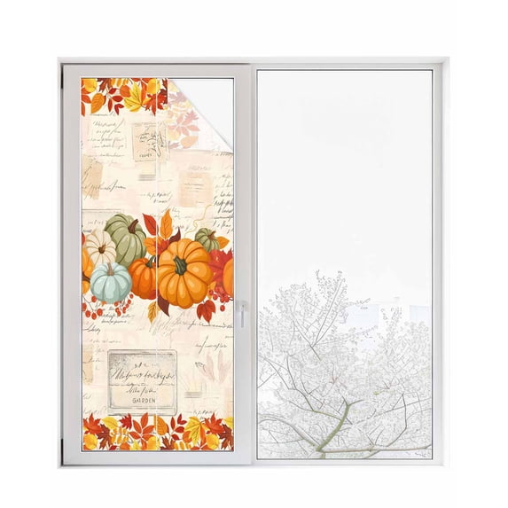 Window Privacy Film Orange Pumpkins Fall Stained Glass Window Film Decorative Sun Block Window Cover Thanksgiving Maple Leaves Farmhouse Window Clings Static Adhesive Sticker for Bathroom 23.6"x59"