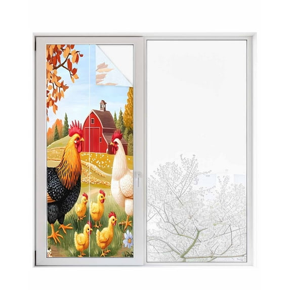 Window Privacy Film Orange Retro Rooster Stained Glass Window Film Decorative Sun Block Window Cover Pastoral Animals Spring Floral Window Clings Static Adhesive Sticker for Bathroom 23.6"x59"