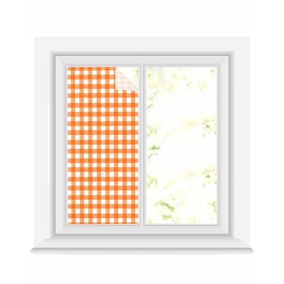 Window Privacy Film Orange Stained Glass Window Film Decorative Sun Block Window Cover Country French Rustic Buffalo Plaid Modern Art Window Clings Static Adhesive Sticker for Bathroom 17.7"x39.3"