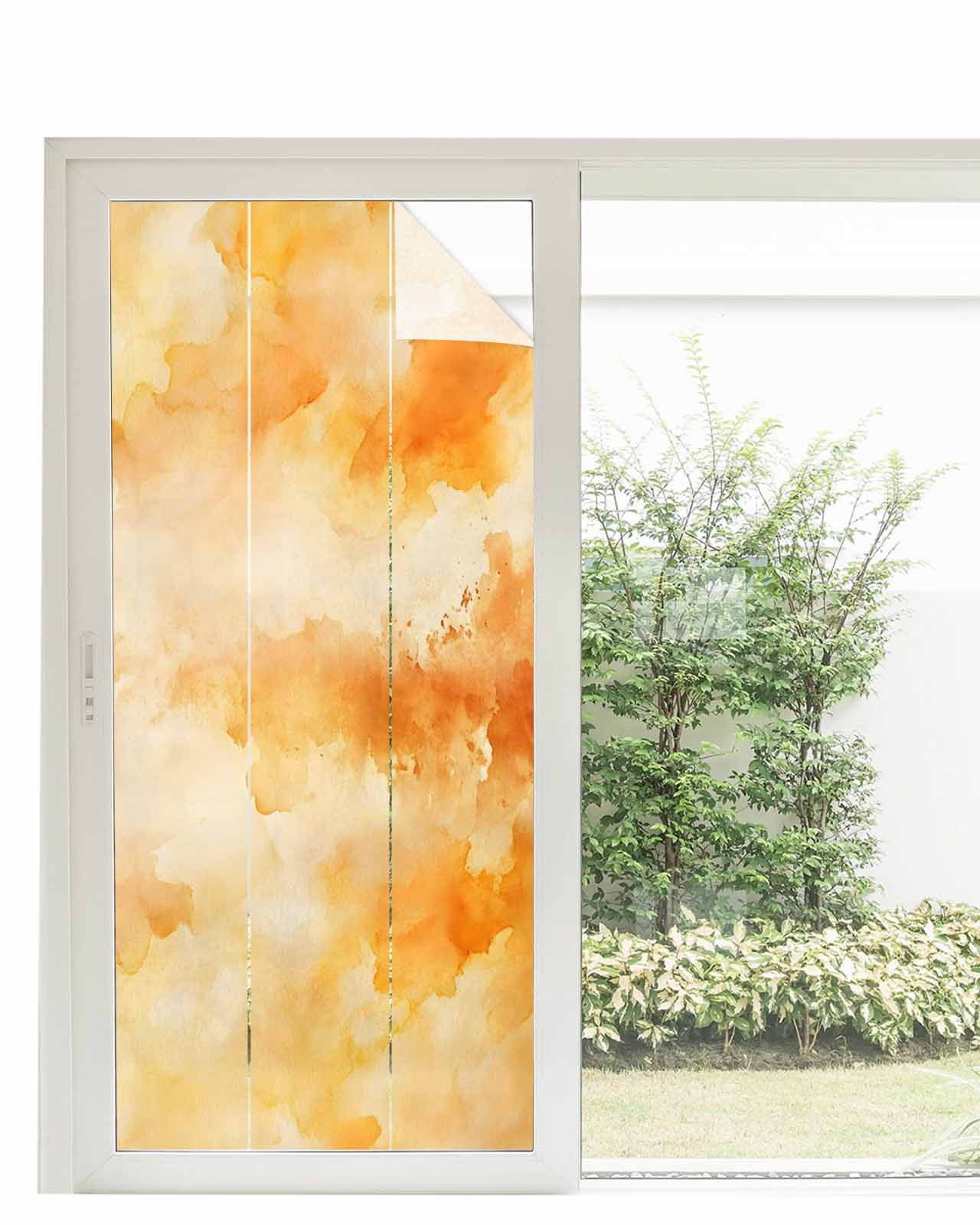 Window Privacy Film Orange Stained Glass Window Film Decorative Sun Block Window Cover Watercolor Farmhouse Ombre Abstract Texture Window Clings Static Adhesive Sticker for Bathroom 35.4"x78.7"