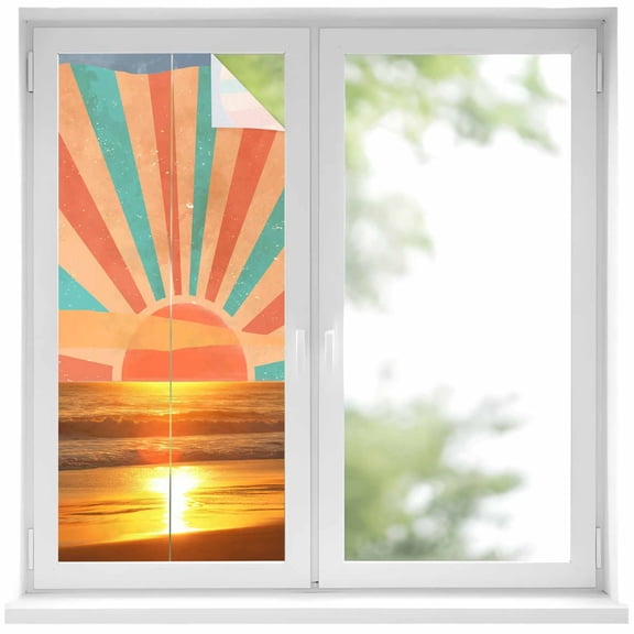 Window Privacy Film Orange Sunset Stained Glass Window Film Decorative Sun Block Window Cover Abstract See Beach Landscape Vintage Window Clings Static Adhesive Sticker for Bathroom 17.7"x39.3"