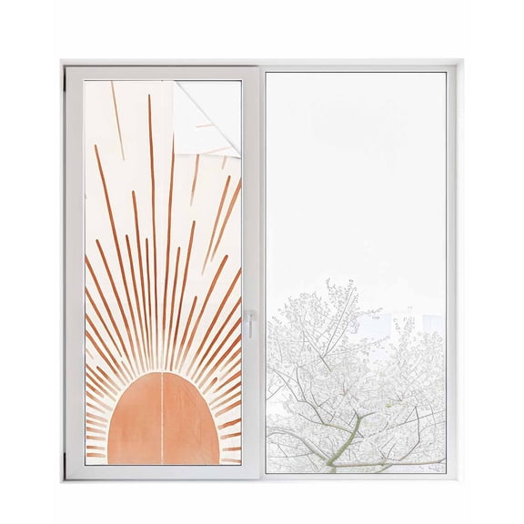 Window Privacy Film Orange Sunshine Stained Glass Window Film Decorative Sun Block Window Cover Lines Retro Abstract Middle Century Window Clings Static Adhesive Sticker for Bathroom 23.6"x59"