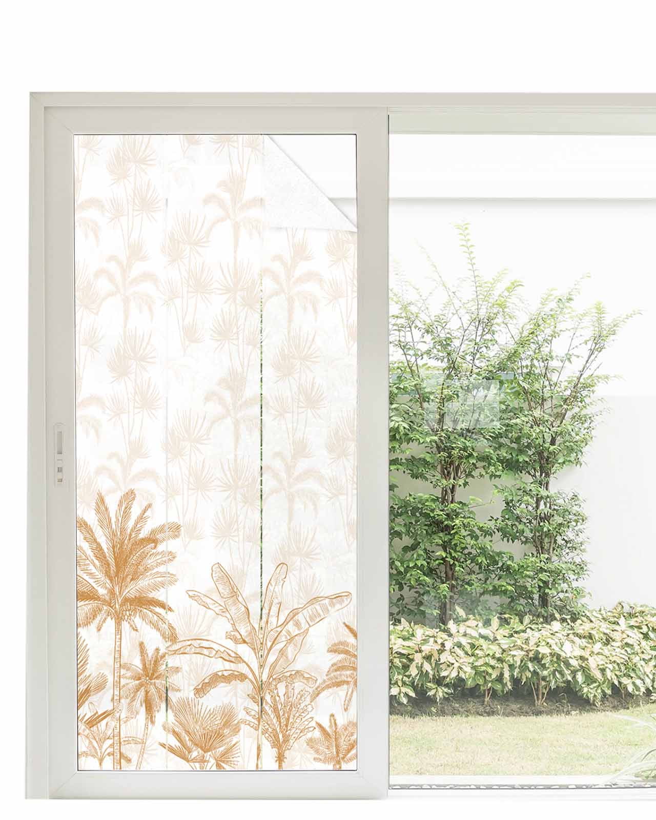 Window Privacy Film, Orange Tropical Palm Tree UV Sun Blocking Window Tint Film Heat Control One Way Blackout Window Film, Summer Botanical Monstera Plants Non Adhesive Static Cling 35.4x78.7 In