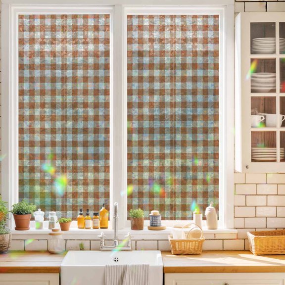 Window Privacy Film,Orange White Gingham Grid Static Clings Decorative Rainbow Window Films Stickers Retro Farmhouse Plaid Sun Blocking Glass Cover for Home Bathroom Office,17.7"x39.3"