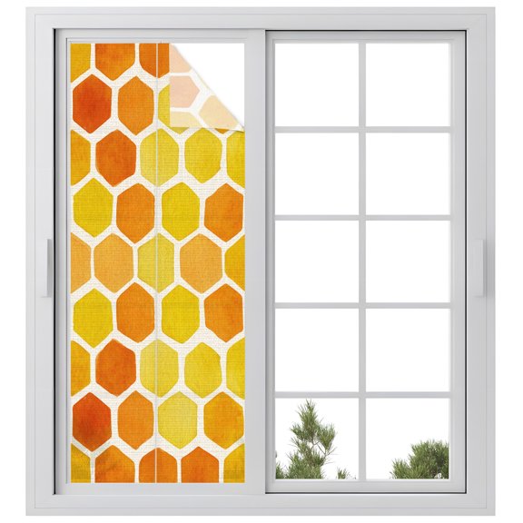 Window Privacy Film Orange Yellow Hexagon Stained Glass Window Film Decorative Sun Block Window Cover Summer Farmhouse Abstract Geometric Window Clings Static Adhesive Sticker for Bathroom 23.6"x59"