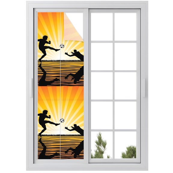 Window Privacy Film Orange Yellow Soccer Stained Glass Window Film Decorative Sun Block Window Cover Water Reflection Diving Goalie Window Clings Static Adhesive Sticker for Bathroom 29.5"x118"