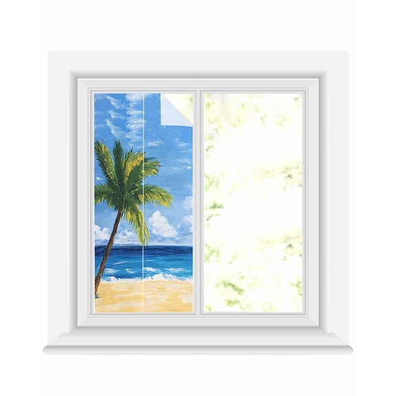 Window Privacy Film Palm Tree Beach Stained Glass Window Film Decorative Sun Block Window Cover Summer Ocean Blue Sky Cloudy Scenery Window Clings Static Adhesive Sticker for Bathroom 17.7"x39.3"