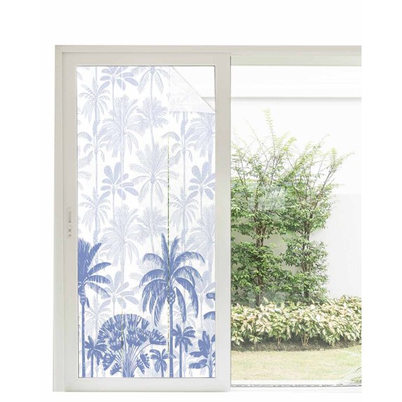 Window Privacy Film Palm Trees Stained Glass Window Film Decorative Sun Block Window Cover Blue Tropical Plants Summer Forest Scenery Window Clings Static Adhesive Sticker for Bathroom 35.4"x78.7"