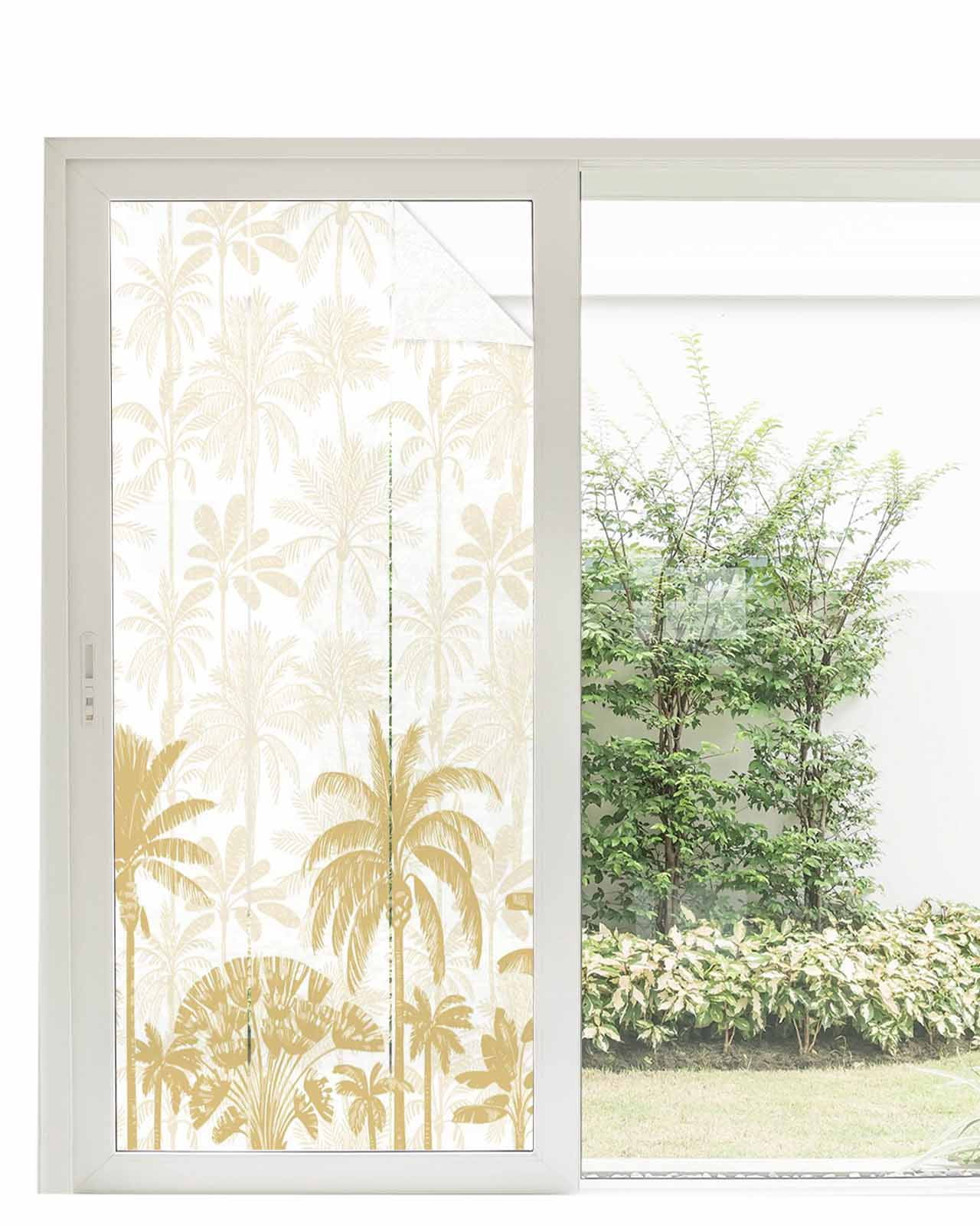 Window Privacy Film Palm Trees Stained Glass Window Film Decorative Sun Block Window Cover Yellow Tropical Plants Summer Forest Scenery Window Clings Static Adhesive Sticker for Bathroom 35.4"x78.7"