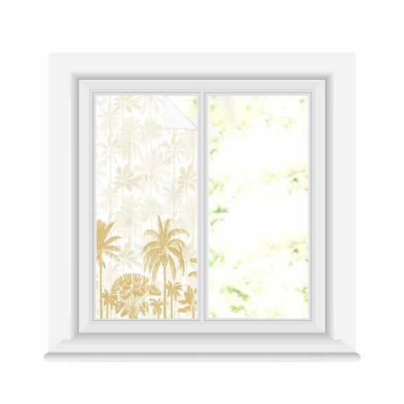 Window Privacy Film Palm Trees Stained Glass Window Film Decorative Sun Block Window Cover Yellow Tropical Plants Summer Forest Scenery Window Clings Static Adhesive Sticker for Bathroom 19.6"x39.3"