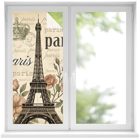 Window Privacy Film Paris Architecture Stained Glass Window Film Decorative Sun Block Window Cover Vintage Eiffel Tower Romantic Floral Window Clings Static Adhesive Sticker for Bathroom 17.7"x39.3"