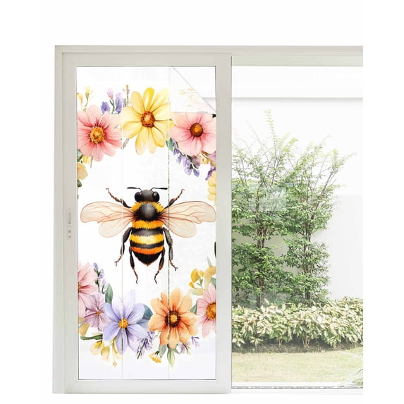 Window Privacy Film Pastoral Bee Wreath Stained Glass Window Film Decorative Sun Block Window Cover Spring Watercolor Flowers Window Clings Static Adhesive Sticker for Bathroom 35.4"x78.7"