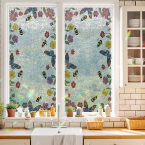 Window Privacy Film,Pastoral Colorful Flower Retro Linen Static Clings Decorative Rainbow Window Films Stickers Rustic Plant Butterfly Bee Sun Blocking Glass Cover for Home Office,17.7"x39.3"