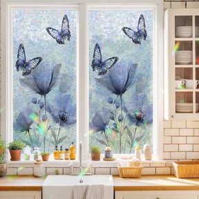 Window Privacy Film,Pastoral Purple Floral Butterfly Static Clings Decorative Rainbow Window Films Stickers Spring Abstract Flower Sun Blocking Glass Cover for Home Bathroom Office,17.7"x39.3"