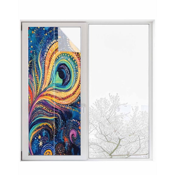 Window Privacy Film Peacock Feather Eye Stained Glass Window Film Decorative Sun Block Window Cover Abstract Colorful Window Clings Static Adhesive Sticker for Bathroom 23.6"x59"