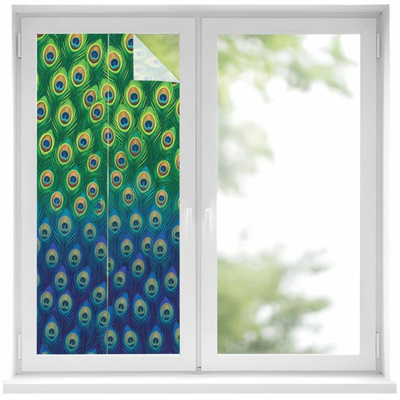 Window Privacy Film Peacock Feathers Stained Glass Window Film Decorative Sun Block Window Cover Ombre Blue Green Modern Animals Printed Window Clings Static Adhesive Sticker for Bathroom 19.6"x39.3"
