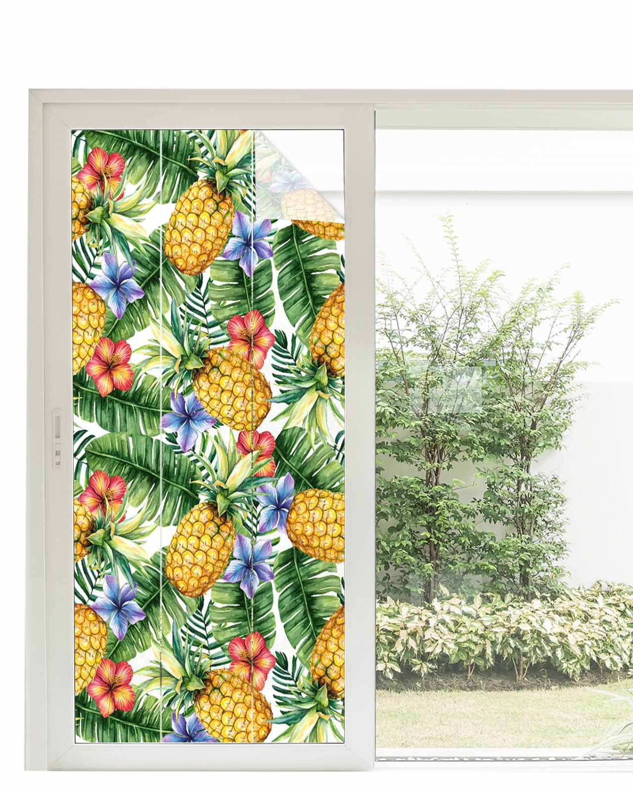 Window Privacy Film Pineapple Stained Glass Window Film Decorative Sun Block Window Cover Yellow Tropical Fruit Palm Leaf Floral Summer Window Clings Static Adhesive Sticker for Bathroom 35.4"x78.7"