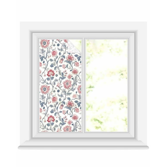 Window Privacy Film Pink Blue Floral Stained Glass Window Film Decorative Sun Block Window Cover Retro Farmhouse Botanical Blossom Window Clings Static Adhesive Sticker for Bathroom 17.7"x39.3"