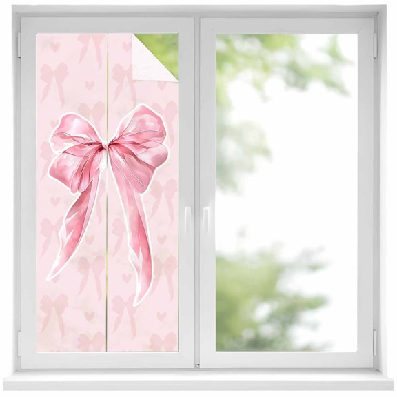 Window Privacy Film Pink Bow Stained Glass Window Film Decorative Sun Block Window Cover Cute Watercolor Girls Cartoon Luxury Window Clings Static Adhesive Sticker for Bathroom 19.6"x39.3"