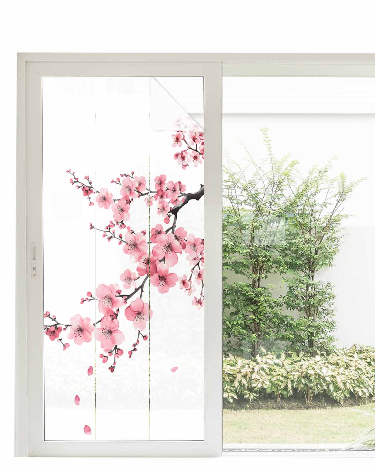 Window Privacy Film Pink Flower Stained Glass Window Film Decorative Sun Block Window Cover Spring Summer Botanical Floral Branches Window Clings Static Adhesive Sticker for Bathroom 35.4"x78.7"