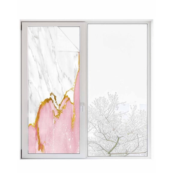 Window Privacy Film Pink Gold Marble Stained Glass Window Film Decorative Sun Block Window Cover Modern Abstract Marble Crack Texture Window Clings Static Adhesive Sticker for Bathroom 23.6"x59"