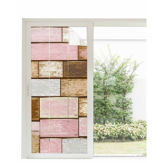 Window Privacy Film, Pink Grey Brown Stripes UV Sun Blocking Window Tint Film Heat Control One Way Blackout Window Film, Farmhouse Retro Country Wood Non Adhesive Static Cling Sticker 35.4x78.7 In