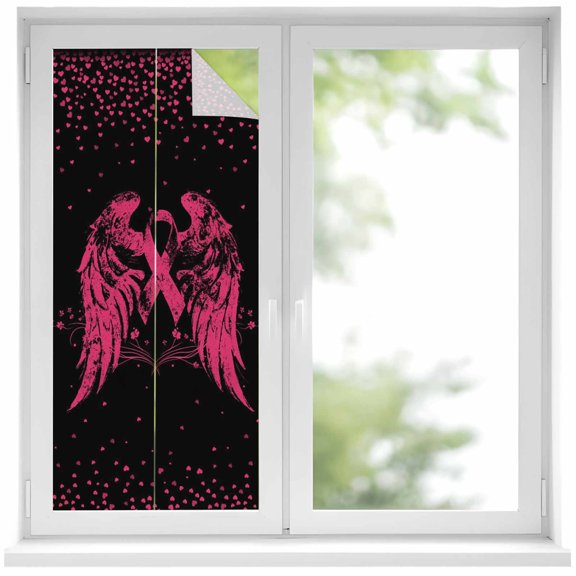 Window Privacy Film Pink Ribbon Stained Glass Window Film Decorative Sun Block Window Cover Wings Romantic Love Heart Flowers Black Window Clings Static Adhesive Sticker for Bathroom 17.7"x39.3"