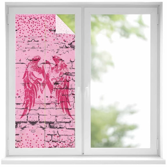 Window Privacy Film Pink Ribbon Stained Glass Window Film Decorative Sun Block Window Cover Wings Romantic Love Heart Flowers Retro Country Window Clings Static Sticker for Bathroom 19.6"x39.3"