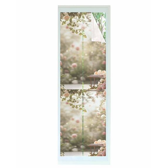 Window Privacy Film Pink Rose Spring Floral Stained Glass Window Film Decorative Sun Block Window Cover Summer Roses Flowers Farmhouse Window Clings Static Adhesive Sticker for Bathroom 29.5"x118"