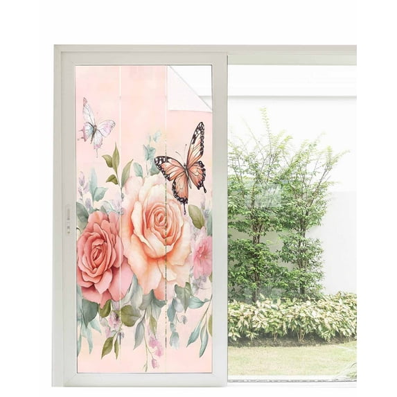 Window Privacy Film Pink Roses Blossom Stained Glass Window Film Decorative Sun Block Window Cover Vintage Butterfly Romantic Butterfly Window Clings Static Adhesive Sticker for Bathroom 35.4"x78.7"