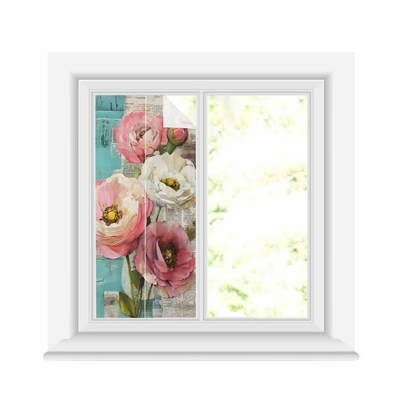 Window Privacy Film Pink Spring Floral Stained Glass Window Film Decorative Sun Block Window Cover White Vintage Flowers Pastoral Window Clings Static Adhesive Sticker for Bathroom 19.6"x39.3"
