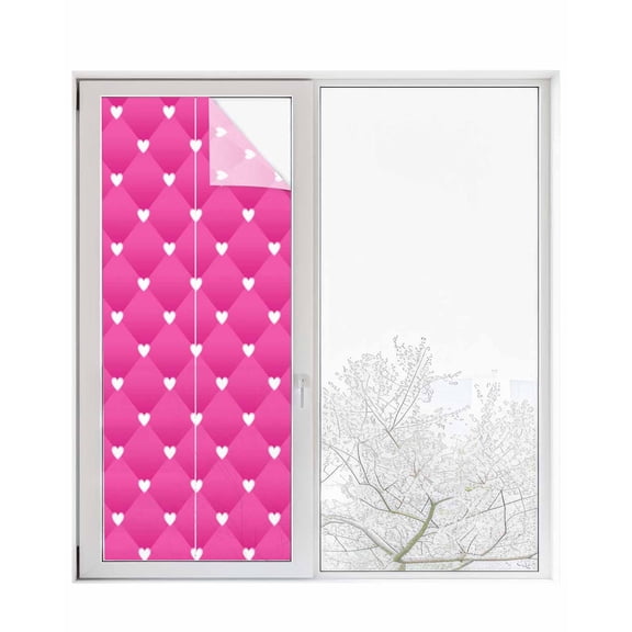 Window Privacy Film Pink Stained Glass Window Film Decorative Sun Block Window Cover Modern Romantic Love Heart Plaid Striped Art Window Clings Static Adhesive Sticker for Bathroom 23.6"x59"
