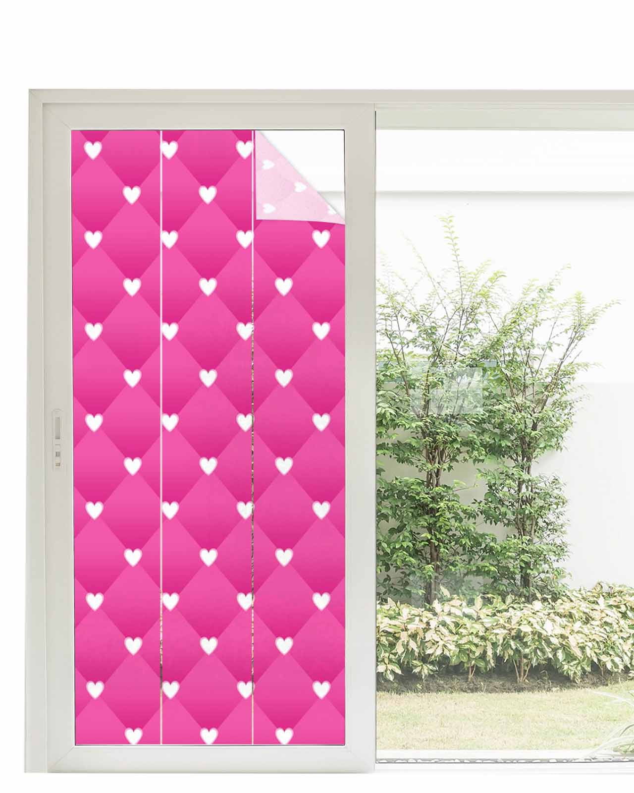 Window Privacy Film Pink Stained Glass Window Film Decorative Sun Block Window Cover Modern Romantic Love Heart Plaid Striped Art Window Clings Static Adhesive Sticker for Bathroom 35.4"x78.7"