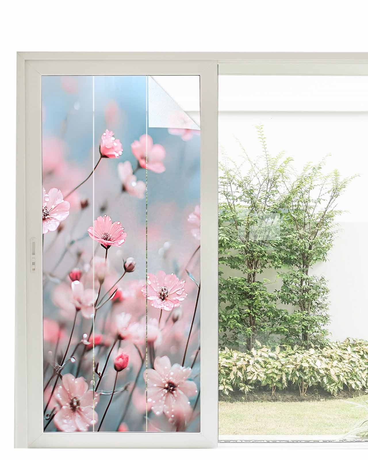 Window Privacy Film Pink Summer Spring Floral Stained Glass Window Film Decorative Sun Block Window Cover Farmhouse Flowers Window Clings Static Adhesive Sticker for Bathroom 35.4"x78.7"