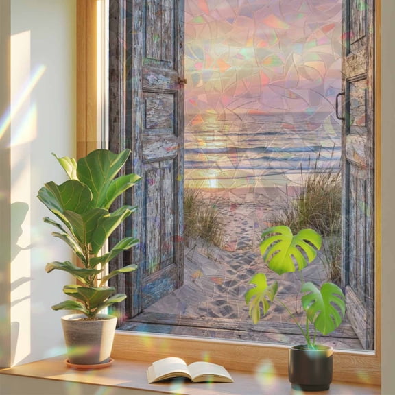 Window Privacy Film Pink Sunset Beach Stained Glass Window Film Vintage Wooden Doors Rainbow Static Window Clings for Glass Windows Home Bathroom Living Room Office Glass Door Sticker 17.7"39.3"