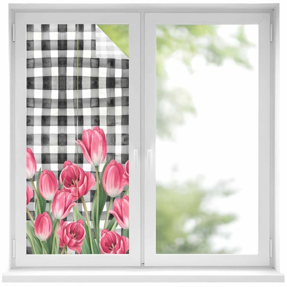 Window Privacy Film Pink Tulip Flowers Stained Glass Window Film Decorative Sun Block Window Cover Black Buffalo Plaid Spring Floral Plants Window Clings Static Sticker for Bathroom 17.7"x39.3"
