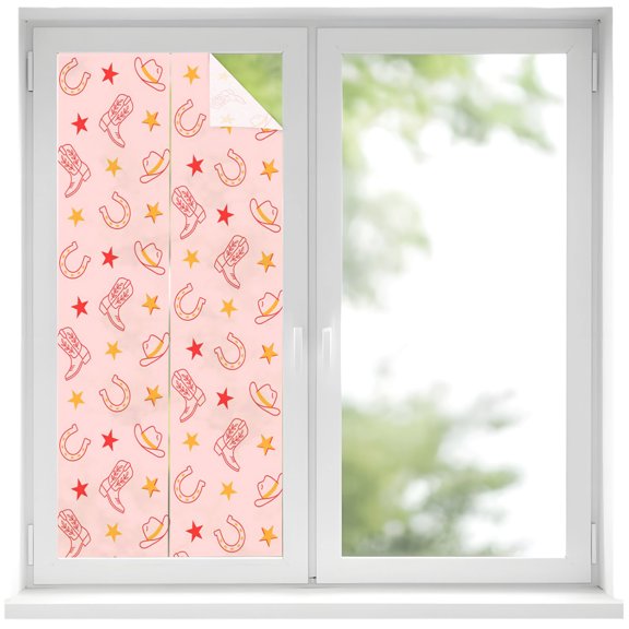 Window Privacy Film Pink Western Cowboys Stained Glass Window Film Decorative Sun Block Window Cover American Country Boots Horseshoe Window Clings Static Adhesive Sticker for Bathroom 17.7"x39.3"