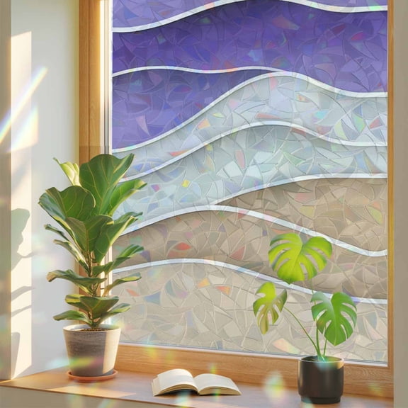 Window Privacy Film Purple Beach Waves Stained Glass Window Film Abstract Water Lines Rainbow Static Window Clings for Glass Windows Home Bathroom Living Room Office Glass Door Sticker 17.7"39.3"