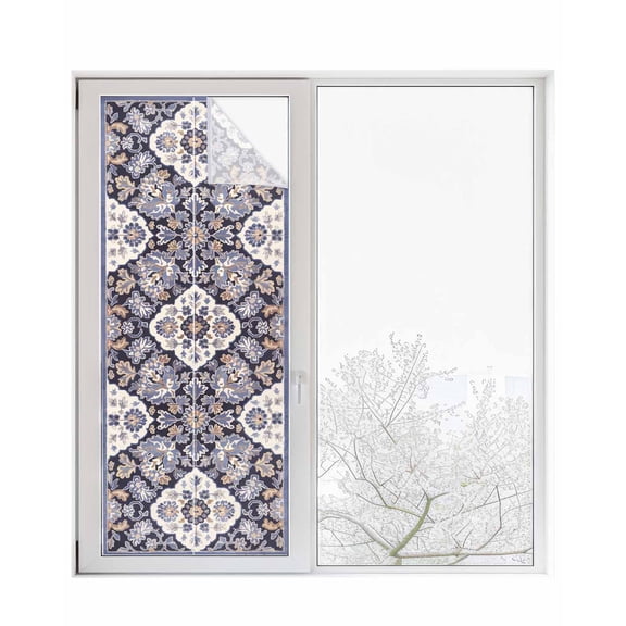 Window Privacy Film Purple Boho Stained Glass Window Film Decorative Sun Block Window Cover Farmhouse Vintage Ethnic Flowers Pattern Window Clings Static Adhesive Sticker for Bathroom 23.6"x59"