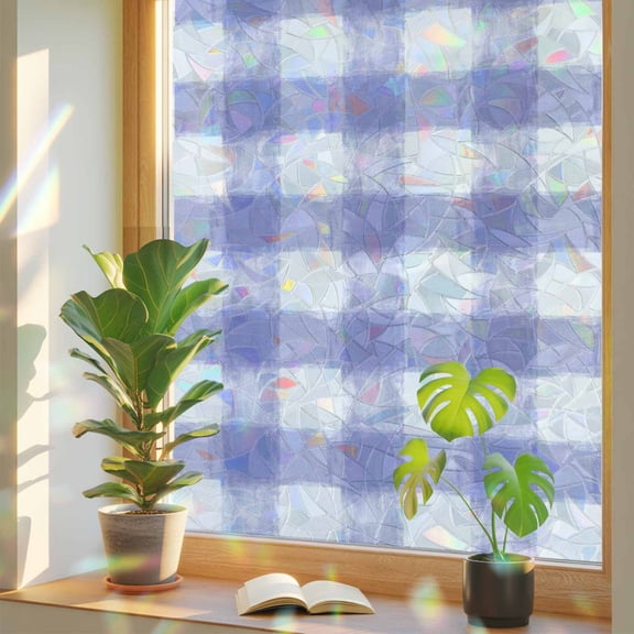 Window Privacy Film Purple Buffalo Check Stained Glass Window Film Watercolor Purple Plaid Rainbow Static Window Clings for Glass Windows Home Bathroom Living Room Office Door Sticker 17.7"39.3"