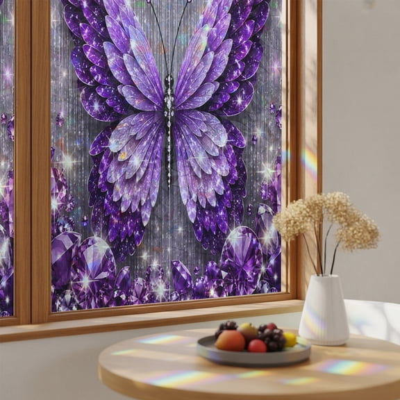 Window Privacy Film, Purple Butterfly Stained Glass Rainbow Film Luxury Crystal Sparkle Winged Butterfly Modern Decorative Window Clings, Static Cling Sun Blocking Stickers For Bathroom 17.7"x39.3"