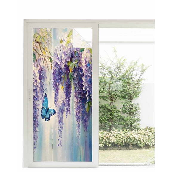 Window Privacy Film Purple Eucalyptus Stained Glass Window Film Decorative Sun Block Window Cover Oil Painting Botanical Blue Ombre Window Clings Static Adhesive Sticker for Bathroom 35.4"x78.7"