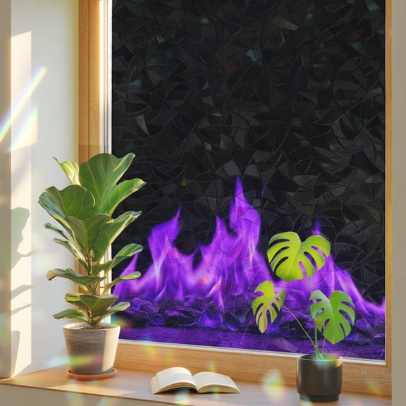 Window Privacy Film Purple Flames Stained Glass Window Film Burning Embers Ethereal Fire Rainbow Static Window Clings for Glass Windows Home Bathroom Living Room Office Glass Door Sticker 17.7"39.3"