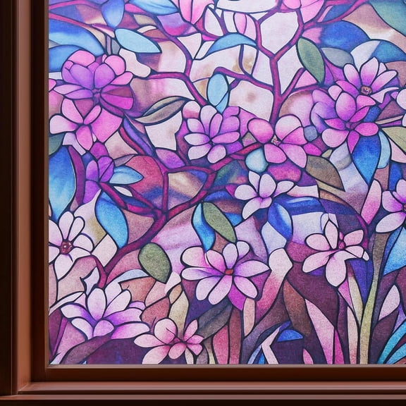 Window Privacy Film - Purple Floral Static Cling for Home Decoration, UV & Heat Insulation, No - Glue, Reusable, Easy Install (23.6x78.74 Inches), Privacy Protection.