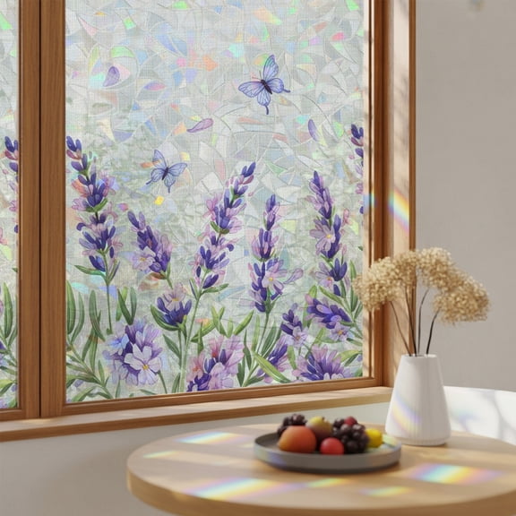 Window Privacy Film, Purple Flower Stained Glass Rainbow Film Watercolor Vintage Country Purple Floral Butterfly Linen Texture Static Cling Sun Blocking Window Sticker for Bathroom 19.6"x39.3"