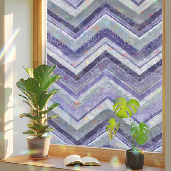 Window Privacy Film Purple Grey Chevron Stained Glass Window Film Geometric Design Stripe Rainbow Static Window Clings for Glass Windows Home Bathroom Living Room Office Door Sticker 17.7"39.3"