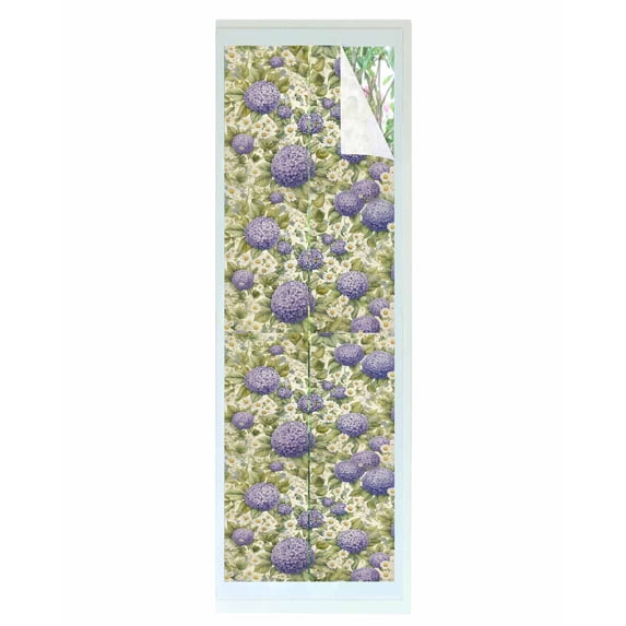 Window Privacy Film Purple Hydrangeas Stained Glass Window Film Decorative Sun Block Window Cover Spring Floral Green Leaf Countryside Window Clings Static Adhesive Sticker for Bathroom 29.5"x118"