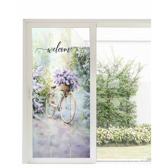 Window Privacy Film Purple Lavender Stained Glass Window Film Decorative Sun Block Window Cover Green Leaves Spring Bike Botanical Window Clings Static Adhesive Sticker for Bathroom 35.4"x78.7"